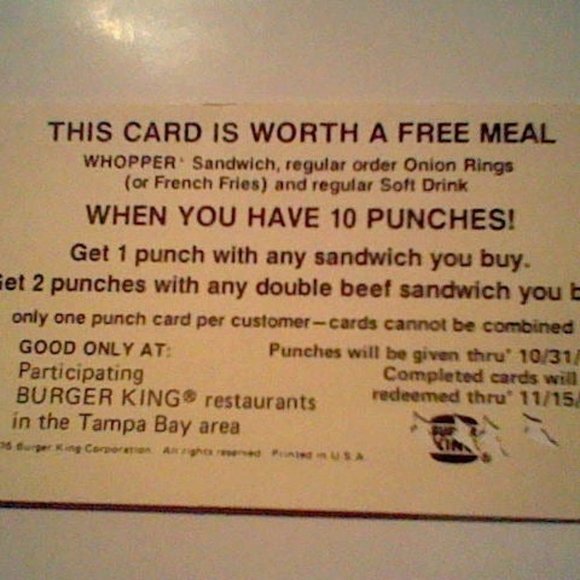 Burger King Other Vintage 976 Burger King Punch Card Free Meal Card